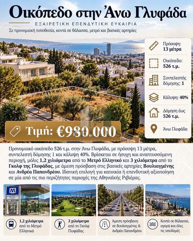 Οικόπεδο 526 τ.μ. πρός πώληση, Αθήνα - Νότια Προάστια, Γλυφάδα